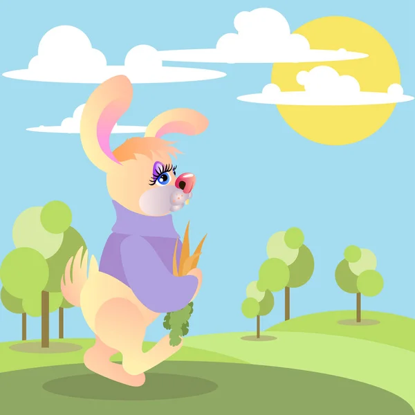 Illustrazione vettoriale di un simpatico coniglio cartone animato in una foresta — Vettoriale Stock