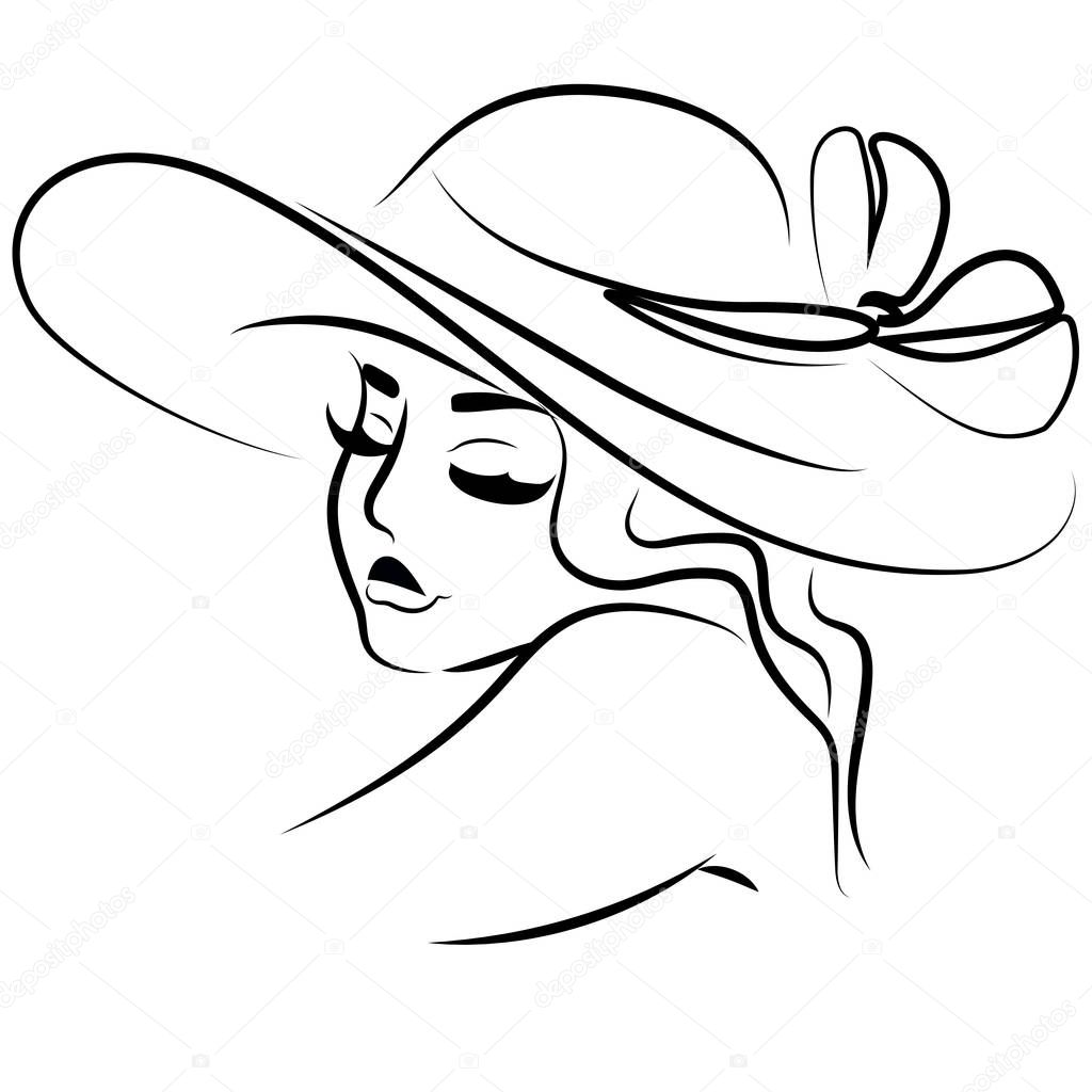 vector line illustration portrait of girl in hat