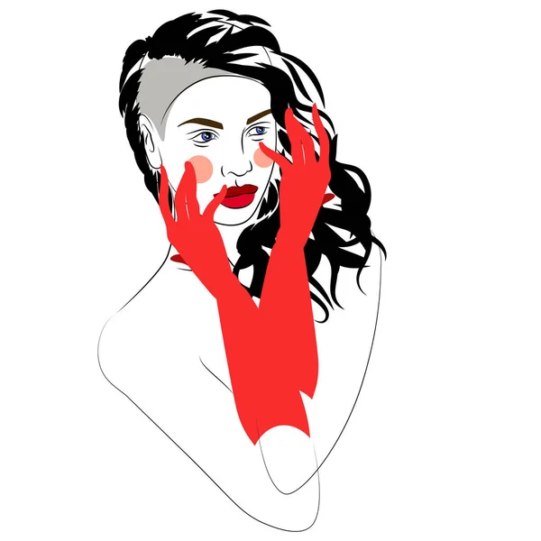 Ilustracja Wektorowa Dziewczyna Piękną Fryzurę Czerwone Rękawiczki Logo Portret — Wektor stockowy