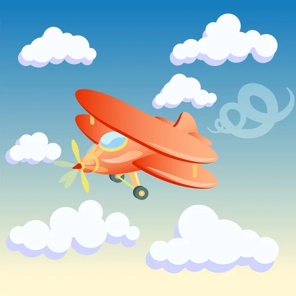 Wektor Ilustracja Kreskówka Samolotu Tle Poranne Niebo Chmurami — Wektor stockowy
