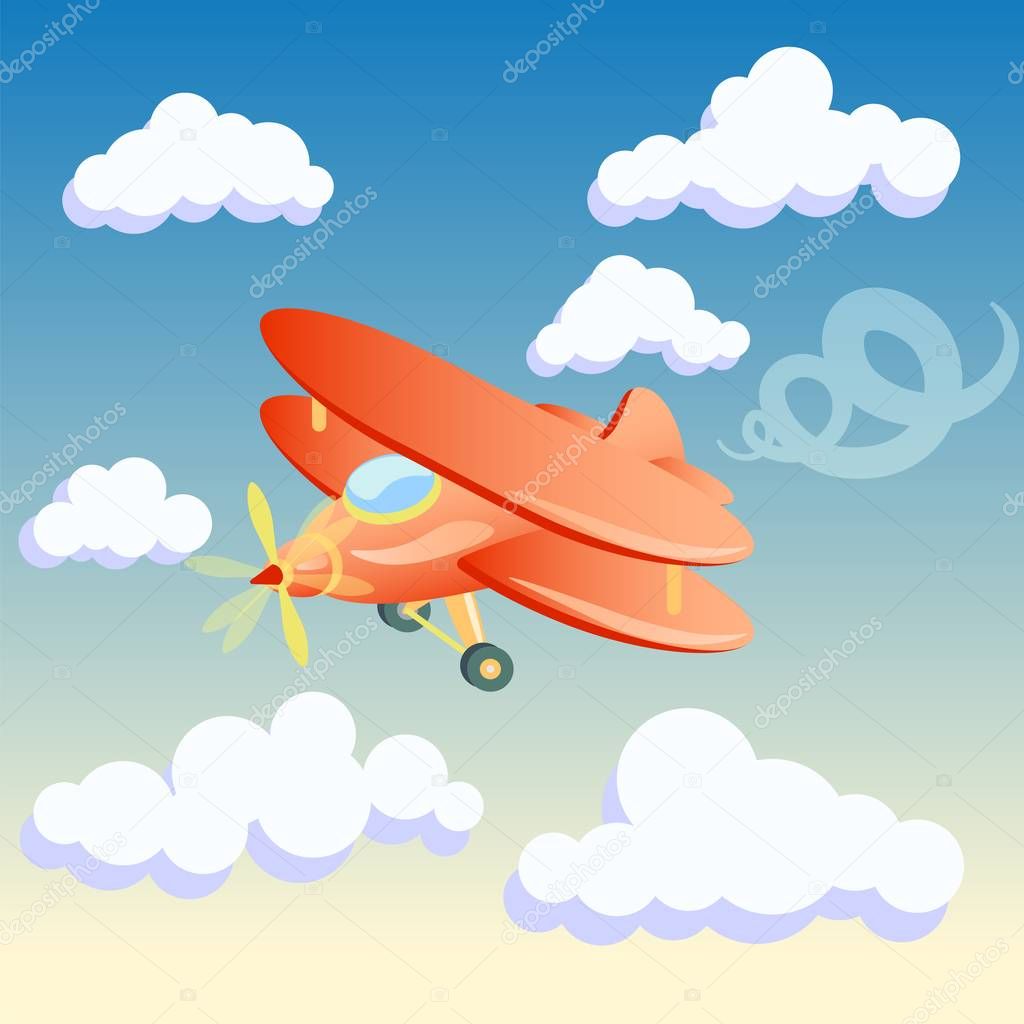 vector illustration of a cartoon plane on the background of the morning sky with clouds