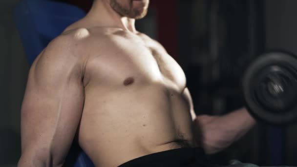 Homme avec un torse nu faisant haltères alternes soulève dans une salle de gym — Video