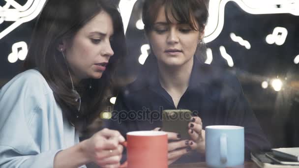 Две женщины разговаривают в кафе и пользуются интернетом — стоковое видео