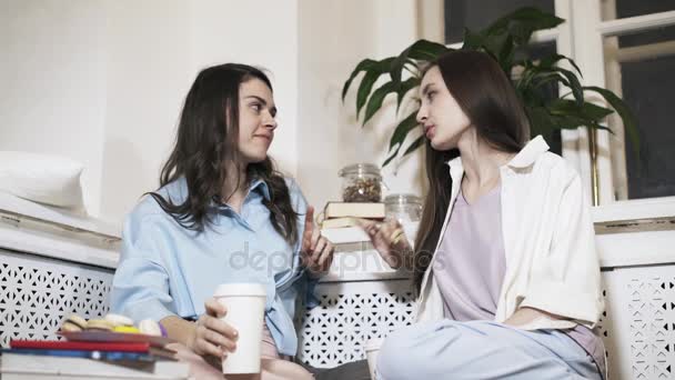 Dos mujeres jóvenes están teniendo una animada conversación en casa — Vídeo de stock