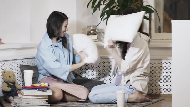 Dos mujeres peleando con almohadas, cámara lenta — Vídeo de stock