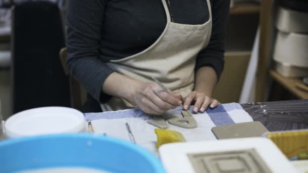 Vrouw waardoor lijnen in clay nummers — Stockvideo