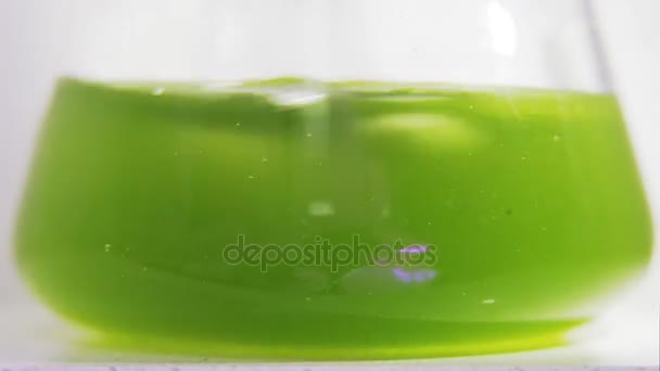 Primer plano del tubo de ensayo con líquido verde agitado — Vídeo de stock