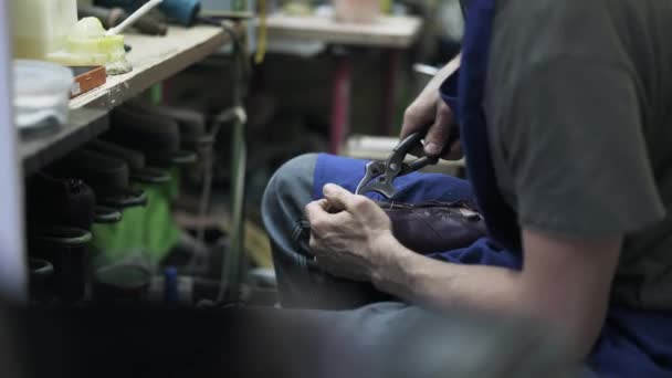 Cobbler s hands nailing leather, side view — Stock Video