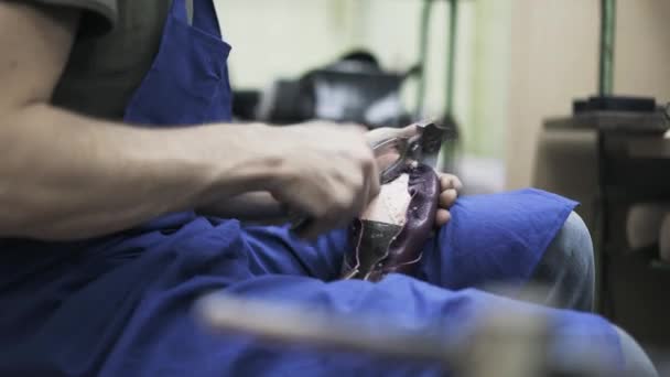 Shoemaker lepidla na kožené podrážky a odstraňuje kolíky, boční pohled — Stock video