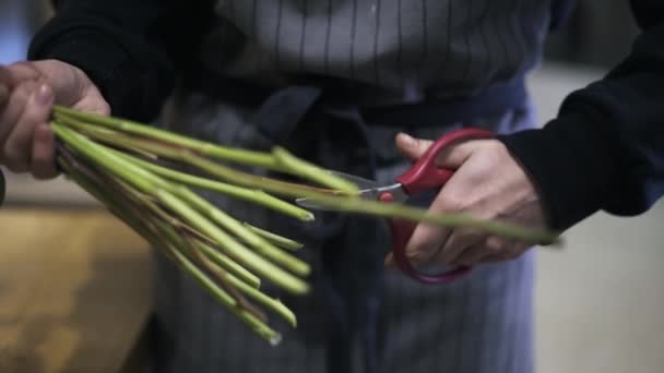 年轻的花店修剪花茎在一家商店的特写 — 图库视频影像