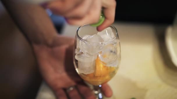 레몬과 얼음 조각으로 칵테일을 만드는 바텐더의 클로즈업 — 비디오
