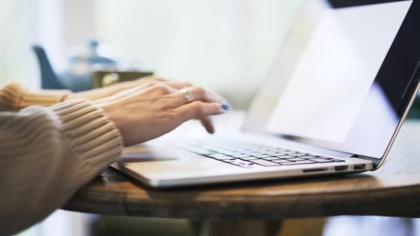 Woman s hands with blue nail polish typing at laptop — Stock Video