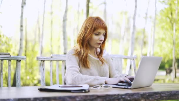 Vista panorámica de una joven pelirroja escribiendo en un parque — Vídeo de stock