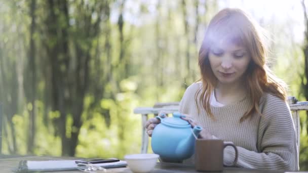 Rood harige vrouw het drinken van thee in een park — Stockvideo