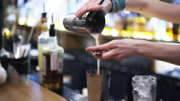 Bartender derramando suco em uma coqueteleira, vista lateral — Vídeo de Stock
