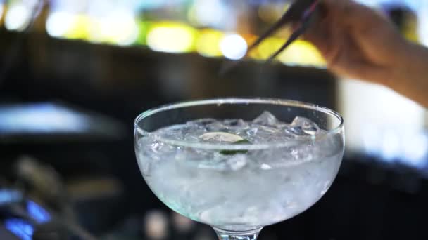 Nahaufnahme eines Barkeepers, der Limettenscheiben zu einem Cocktail hinzufügt — Stockvideo