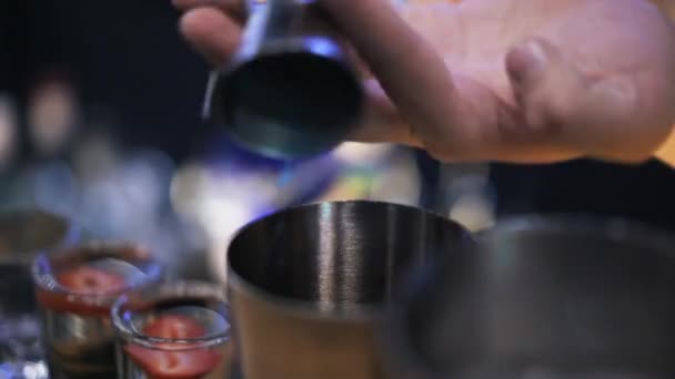 Cantinero vertiendo jugos en una coctelera — Vídeo de stock