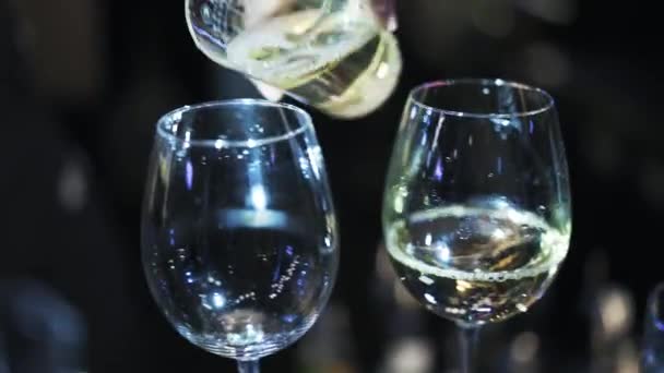 Barman derramando vinho em dois copos — Vídeo de Stock