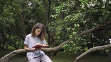 Aşağı eğimli bir parkta bir kitap okuma kız