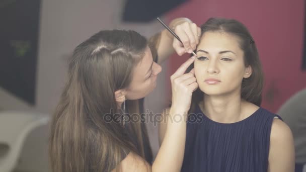 메이크업 아티스트는 모델 얼굴을 토닝 크림을 적용 — 비디오