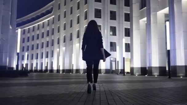 Rückansicht einer jungen Geschäftsfrau, die in einer nächtlichen Straße der Stadt spaziert — Stockvideo