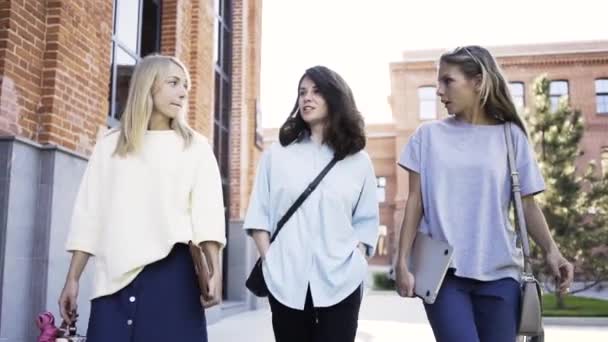 Tres chicas jóvenes están caminando después del trabajo en un día de verano — Vídeos de Stock