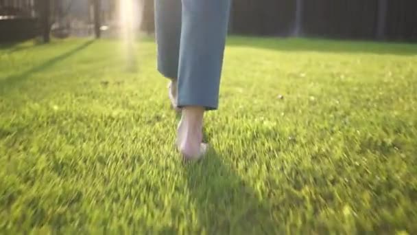 Woman s bare feet walking on grass — Stock Video
