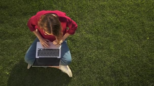 Kobieta w okularach, wpisując na jej laptopie na trawie — Wideo stockowe