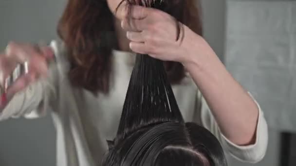 Молодая парикмахерша стрижет длинные волосы своей клиентки — стоковое видео