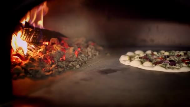 Pan strzał wegetariańskiej pizzy gotowanie pieczenia w piekarniku — Wideo stockowe