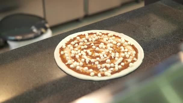 Top view close up of chef takes raw cheese pizza to bake — Stock video