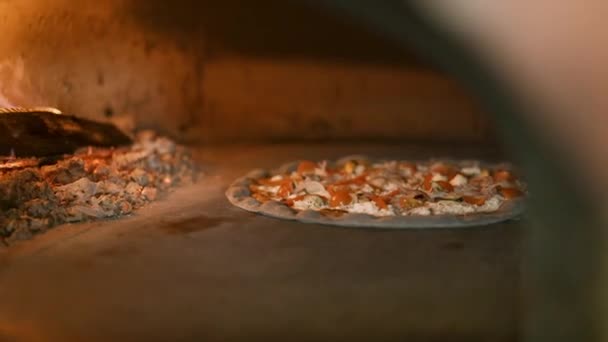 Handhållen bild av skaldjur pizza matlagning bakning i ugnen — Stockvideo