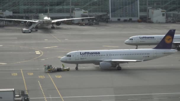 MUNICH, GERMANY - JULY 2019: Handheld shot of planes through the window of the aeroport in Munich — 비디오