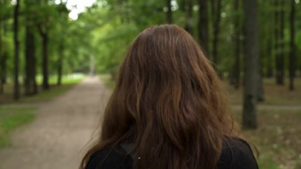 Gimbal shot of woman back walking through forest in summer time — 비디오