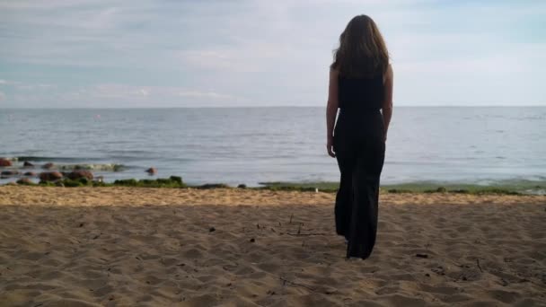 Handheld shot of woman back on a sandy beach coming to river — 비디오