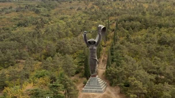 Panela de drone aérea disparada da esquerda para a direita da estátua em Vake Park em Tbilisi — Vídeo de Stock