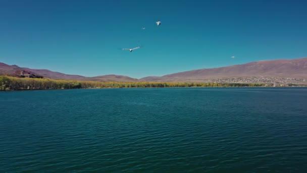 Flygdrönare skott av Lake Sevan på bakgrunden av Mount Ararat — Stockvideo