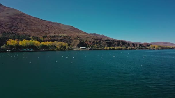 Αεροπλάνο drone της λίμνης Sevan στο φόντο του όρους Ararat — Αρχείο Βίντεο