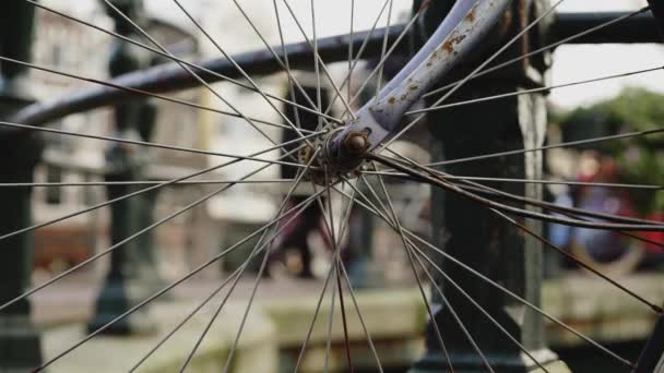 Disparo de mano de cerca de la rueda de bicicleta estacionada cerca del puente — Vídeos de Stock