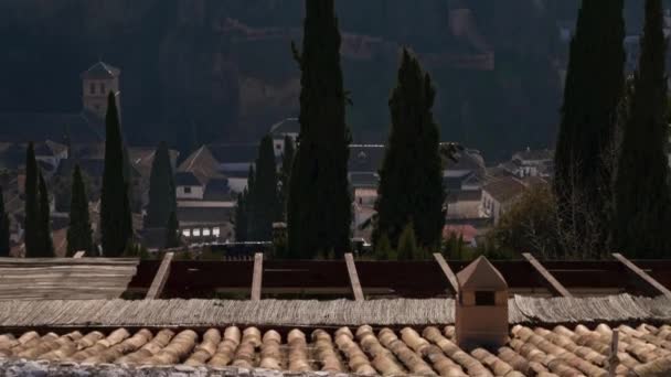 Gimbal tilt up shot de castillos en la ciudad de Granada por la noche — Vídeos de Stock