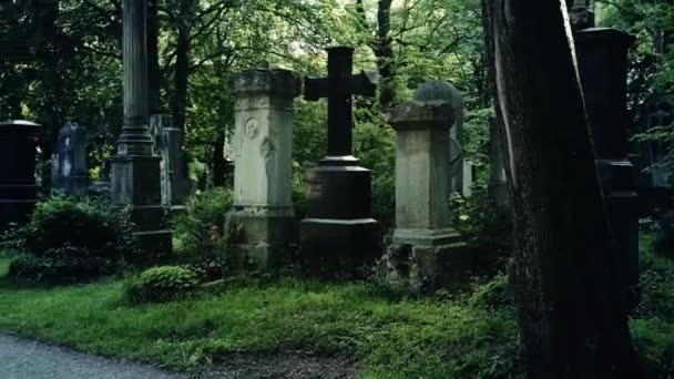 Зловісна прогулянка могилами на старому європейському цвинтарі.. — стокове відео