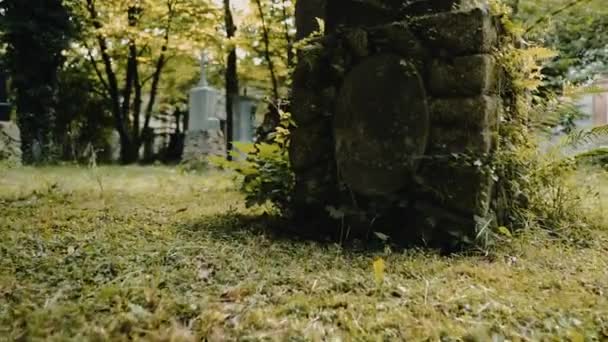 Mysterieuze wandeling rond graven in Europese oude begraafplaats. Het concept van horror. Langzame beweging. — Stockvideo