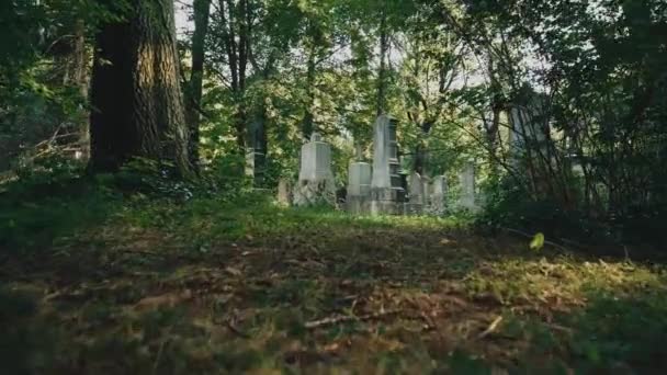 Mysterieuze wandeling rond graven in Europese oude begraafplaats. Het concept van horror. Langzame beweging. — Stockvideo