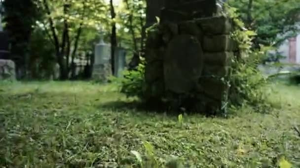 Misterious Walk around graves in European old cemetry. — Stock Video