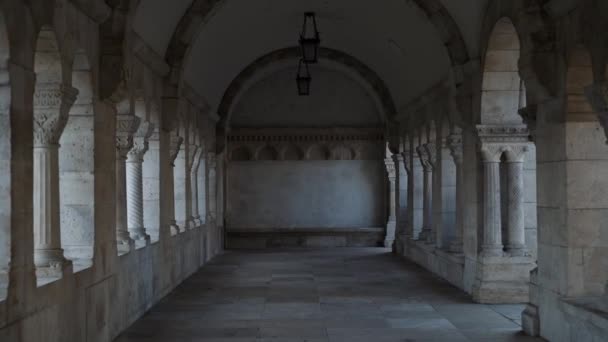 Gimbal zoom in shot of Fishermans bastion with windows and arches — Stock Video