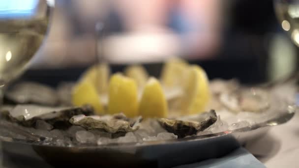 Close up micro shot of oysters on a plate in a restaurant — Stok video