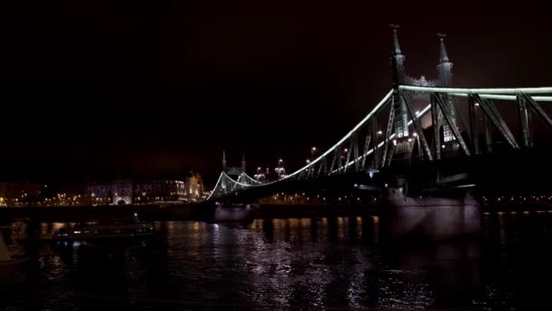 Pan de izquierda a derecha del puente Liberty en Budapest por la noche — Vídeo de stock