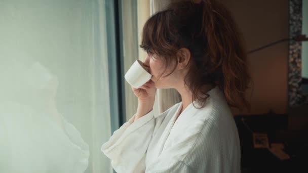 Een vrouw die koffie drinkt en kijkt naar een panoramisch uitzicht op de stad. Het concept van zakenreis. — Stockvideo