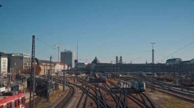 MUNICH - NOVEMBER 20: Locked down real time establishing shot of the railway in Munich. The movement of trains on the railway. Central railway station in Munich, November 20, Munich, Germany.