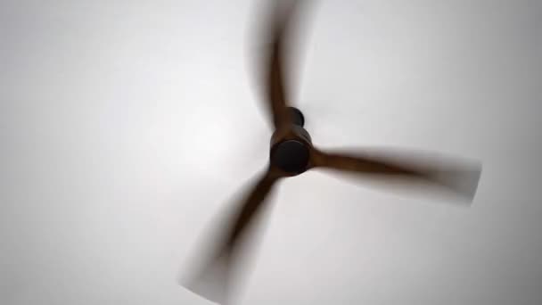 Locked down real time shot of ceiling fan at a modern asian interior on a hot summer day, upward from ground view. — Stock Video